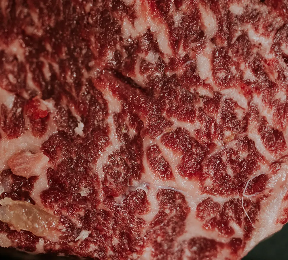 Primer plano del veteado y la infiltración de grasa intramuscular de una txuleta de vacuno seleccionada por Asador Nicolás.